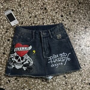 Ed Hardy Women's Graphic Denim Mini Skirt - Dark Blue